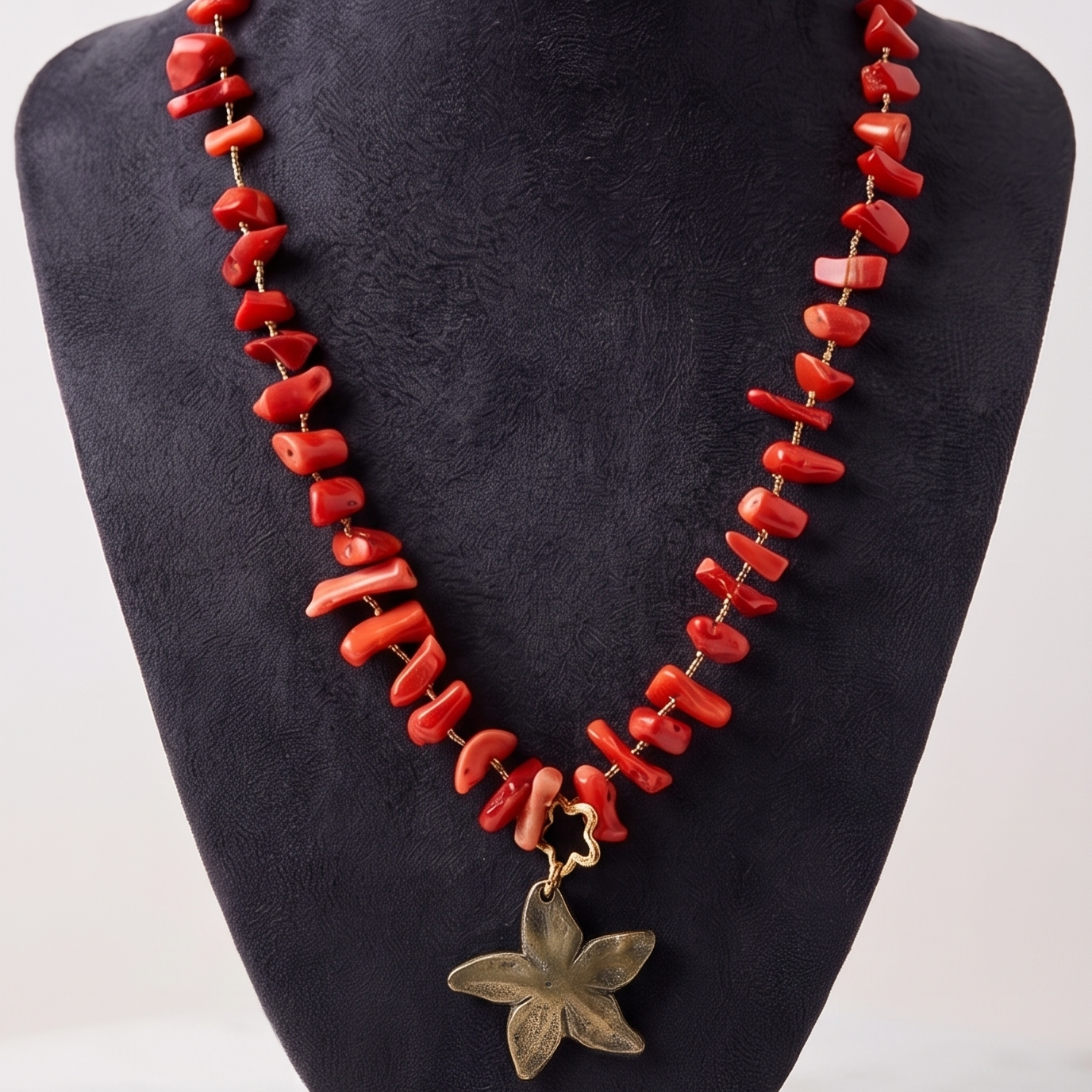 Collar Kawita Joya's coral rojo con hilo dorado