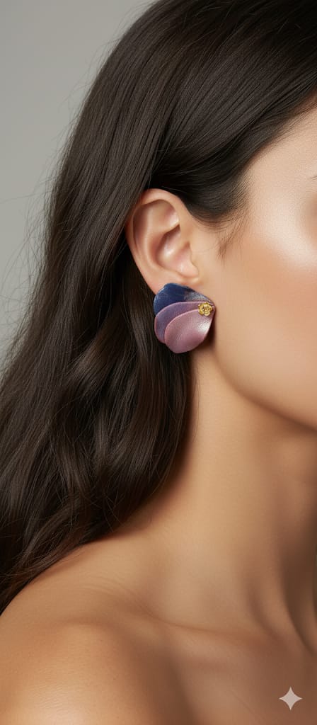 Aros pétalos rosa y azul con flor dorada