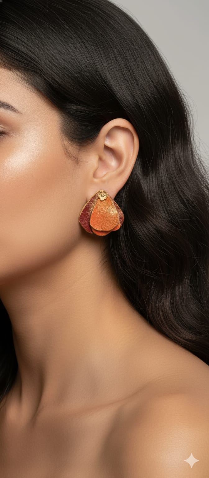 Aros pétalos naranjo y burdeo con flor dorada