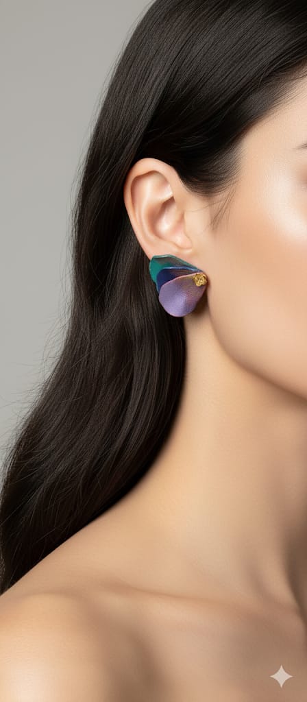 Aros pétalos lila, verde y azul con flor dorada