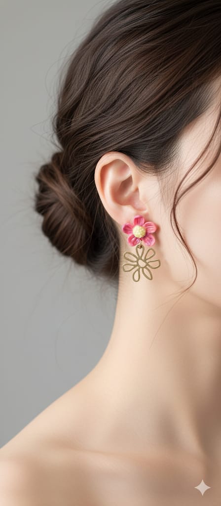 Aros flor rosada con colgante metálico