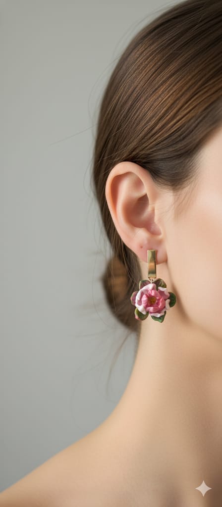 Aros flor rosada con botón metálico dorado