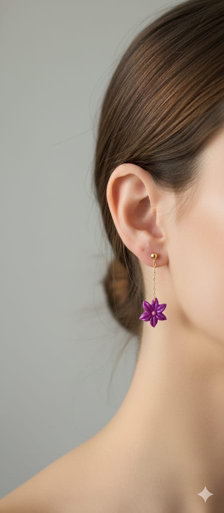 Aros flor morada en cadena dorada