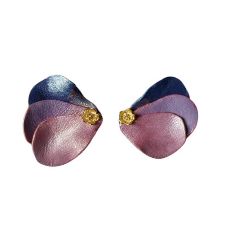 Aros pétalos rosa y azul con flor dorada