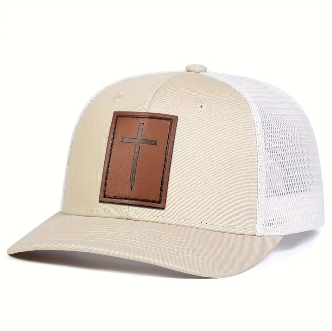 Gorra Cristiana Cruz en Cuero (Beige / Malla Blanca)