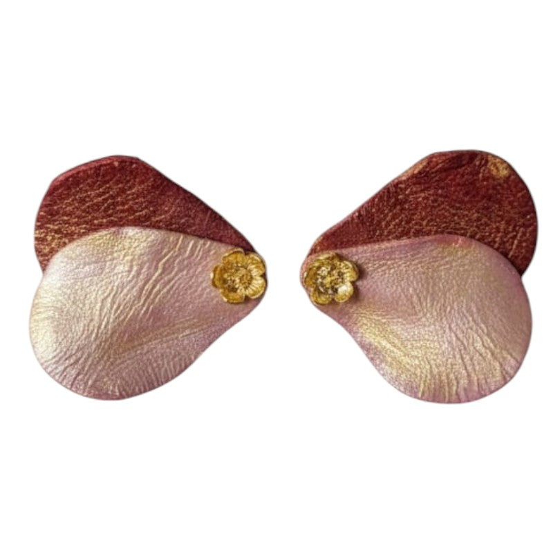 Aros pétalos rosa y burdeo con flor dorada