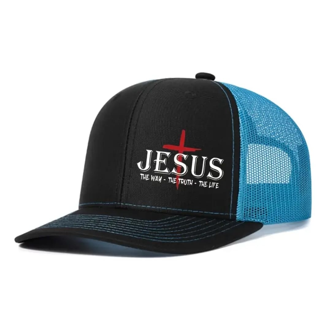 Gorra Cristiana JESUS – The Way, The Truth, The Life (Negro / Malla Azul)