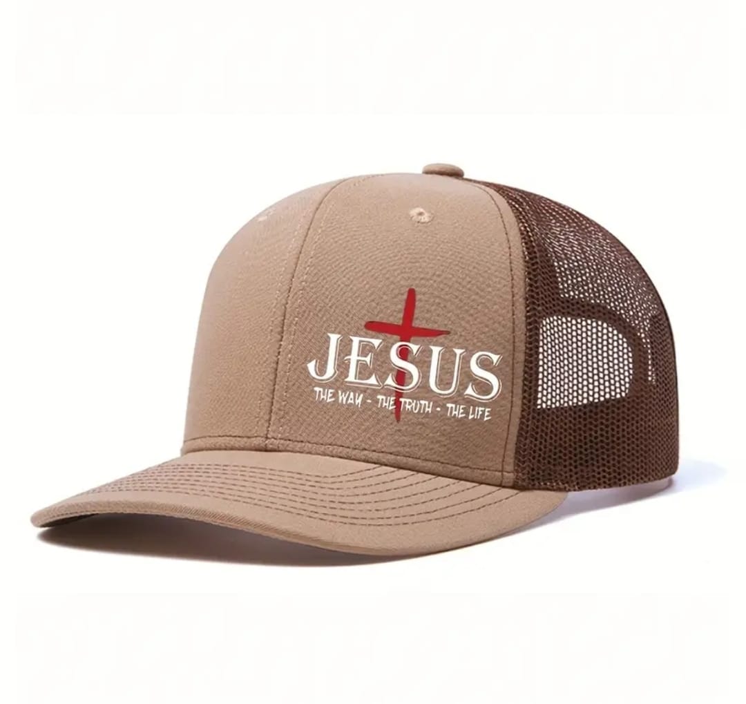 Gorra Cristiana JESUS – The Way, The Truth, The Life (Marrón Claro / Malla Café)