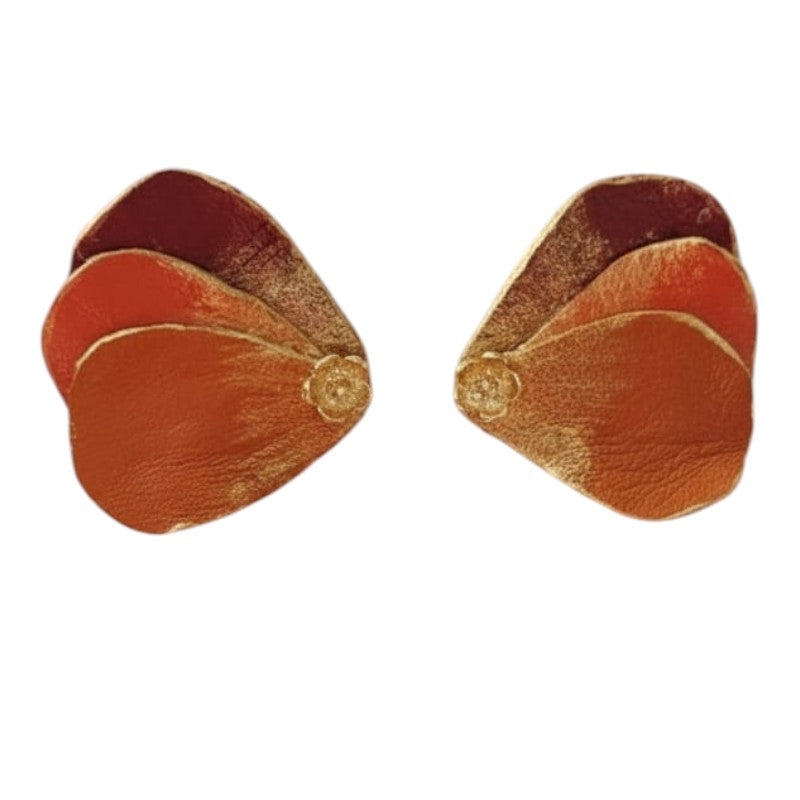 Aros pétalos naranjo y burdeo con flor dorada